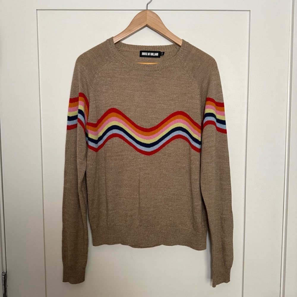 House of Holland Sweater Sz S-M Beige Wavy Peace Rainbow Cut Out Merino Wool